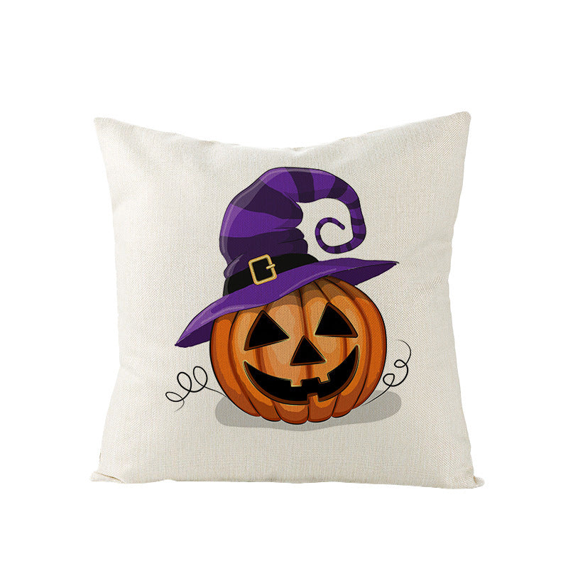 Halloween Linen Cute Cartoon Printed Kitten Pumpkin Head Pillow Cover