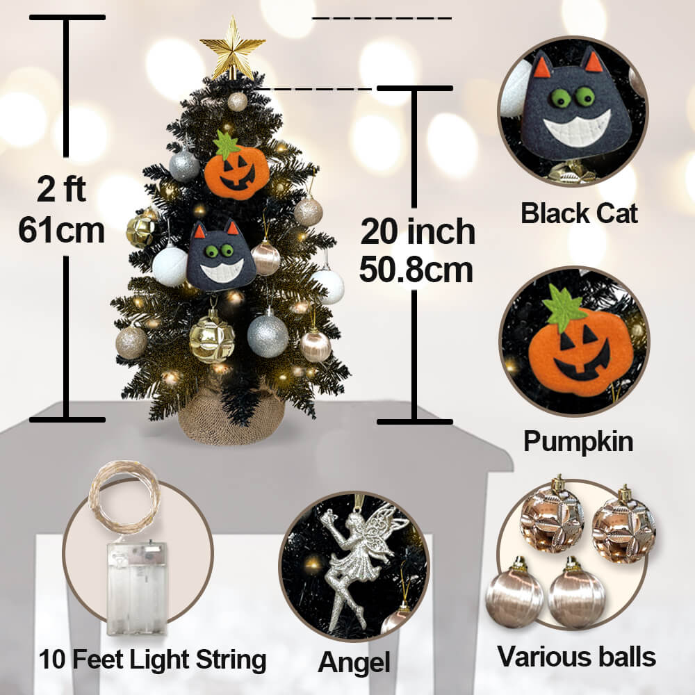 2FT Halloween Decoration Tabletop Christmas Tree With Lights And Ornaments, Multifunctional Artificial Black Mini Halloween Tree With Halloween Decor For Home Office Apartment