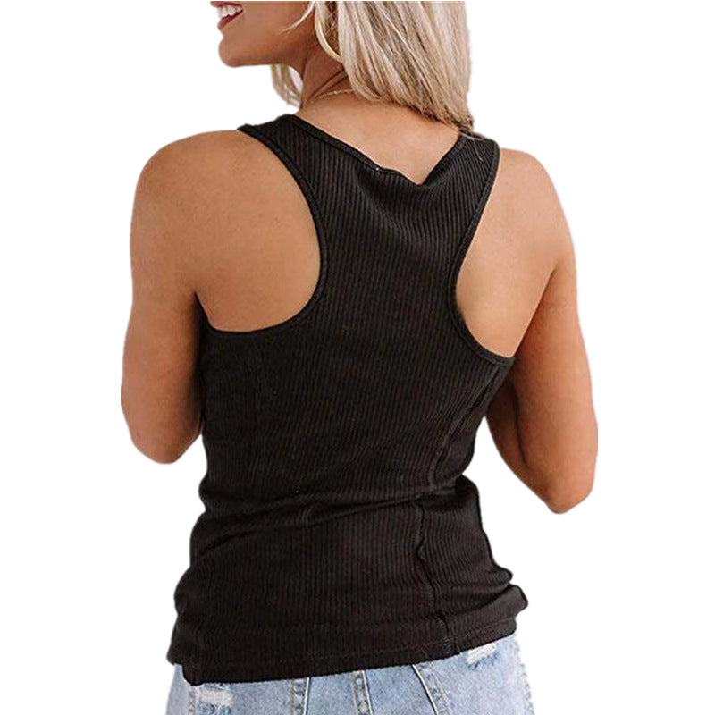 Solid Color Button Sleeveless Tank Top T Shirt Women