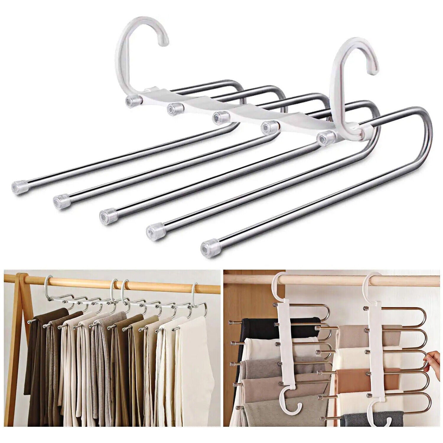 5 In1 Multi-functional Pants Rack Shelves Stainless Steel Wardrobe Magic Hanger