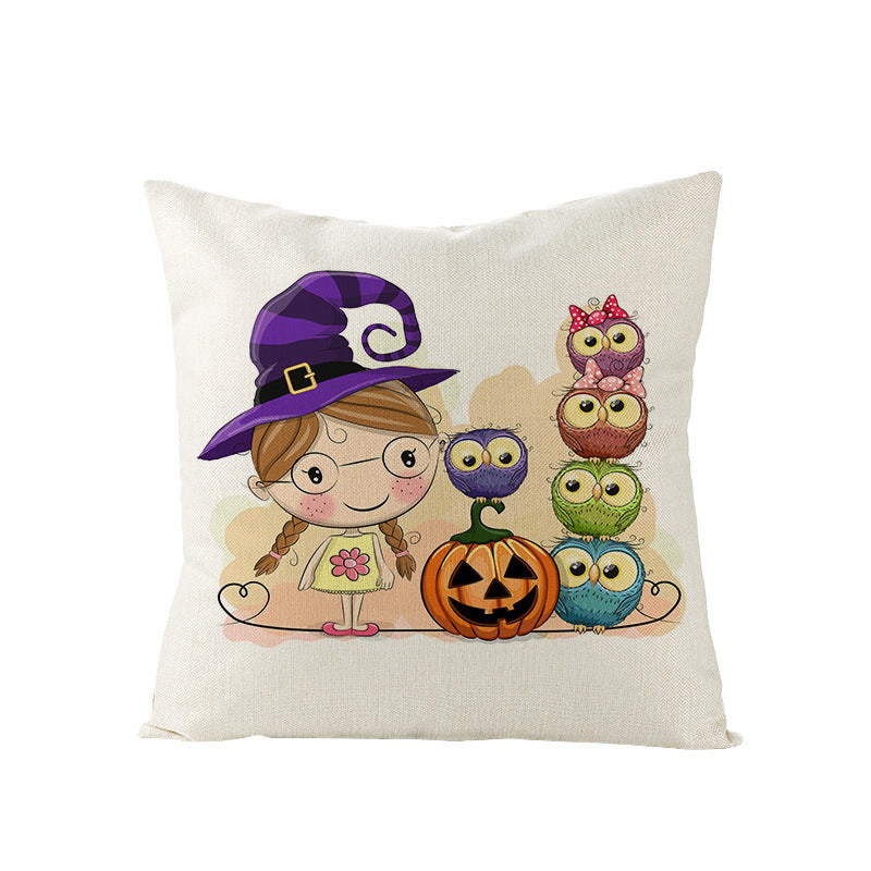 Halloween Linen Cute Cartoon Printed Kitten Pumpkin Head Pillow Cover