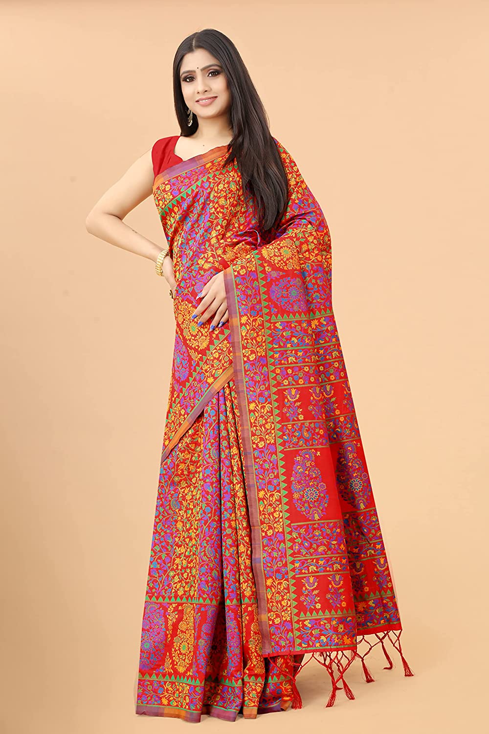 Women's Kalamkari Jacquard Cotton Saree With Blouse Piece