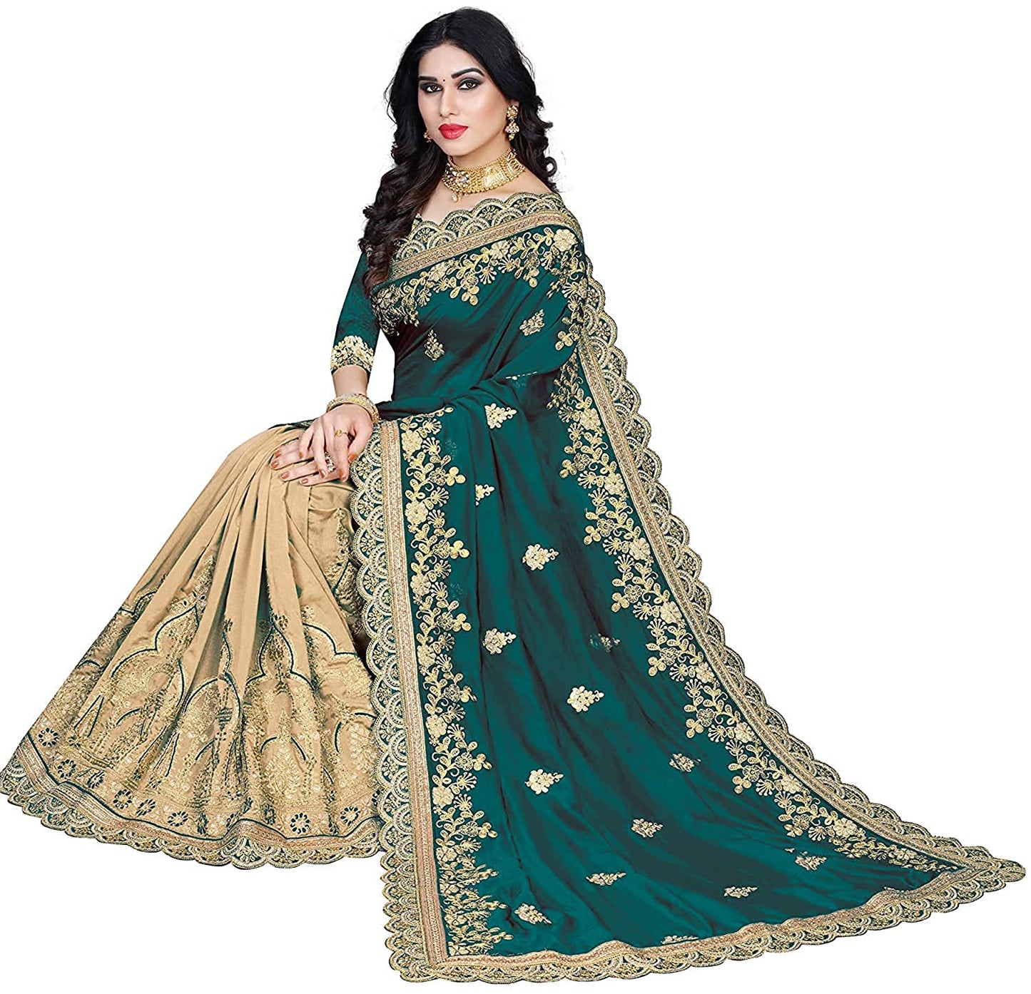 Women's Plain Weave Silk Embroidery Work Saree With Blouse Piece Indian Sari Traditional Saree Wedding Dress Handmade Famous Actress Style Party Wear Free Size Ethenic Wear Clothes For Women