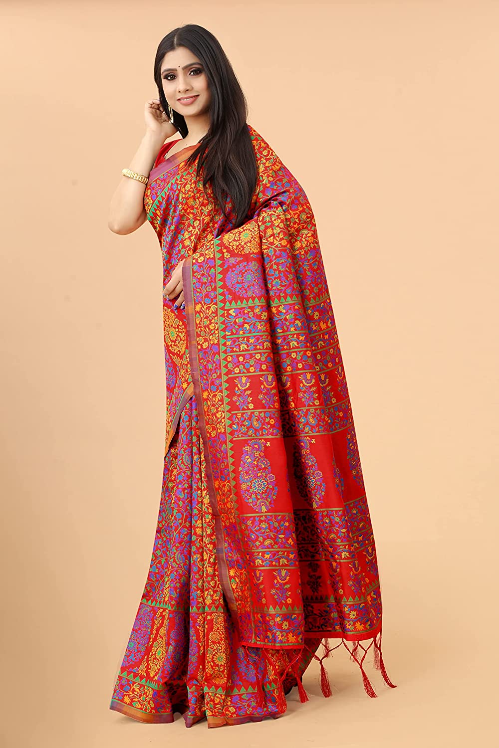 Women's Kalamkari Jacquard Cotton Saree With Blouse Piece