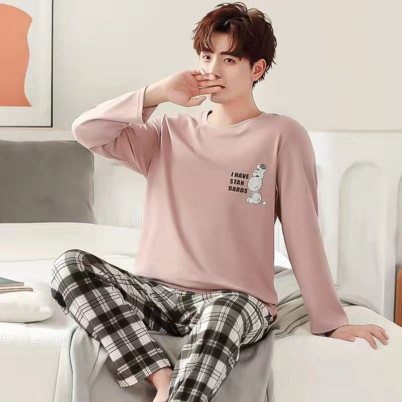 Pajamas Men's Long-sleeved Trousers Spring And Autumn Men's Pajamas Autumn And Winter Thin Plus Size Teenagers Home Wear Two-piece Set