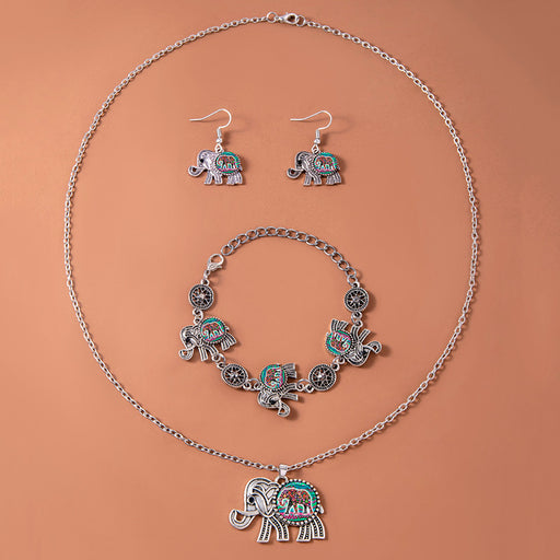 Vintage Ethnic Thai Silver Elephant Jewelry Set Necklace Bracelet Earrings For Women