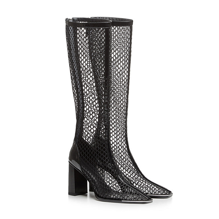 Chunky Heel Boots Mesh Back Zip Black