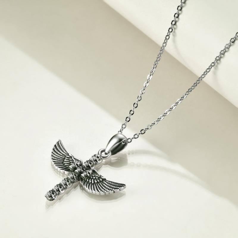 Sterling Silver Skull Angel Wing Pendant Necklace for Women and Men