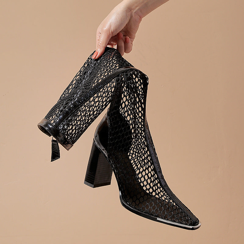 Chunky Heel Boots Mesh Back Zip Black