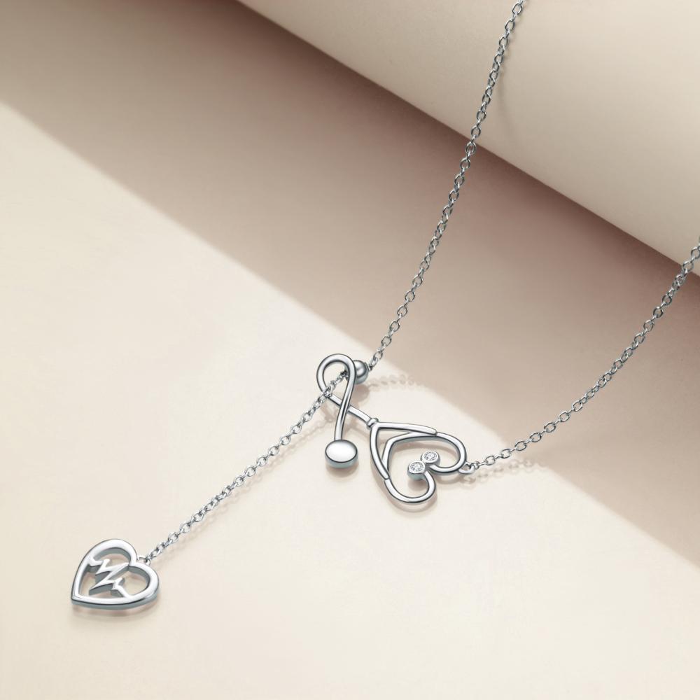 Sterling Silver Stethoscope Jewelry Heartbeat EKG Lariat Y Necklace for Women Doctor Nurse Gift