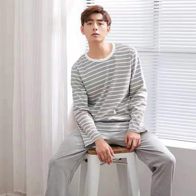 Pajamas Men's Long-sleeved Trousers Spring And Autumn Men's Pajamas Autumn And Winter Thin Plus Size Teenagers Home Wear Two-piece Set