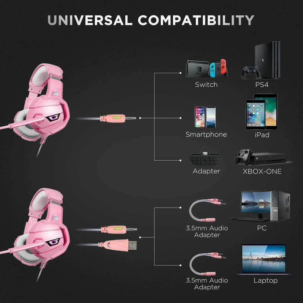 K5 Pink Gaming Headset For PS4 Xbox One PC Laptop With Noise Cancelling Mic