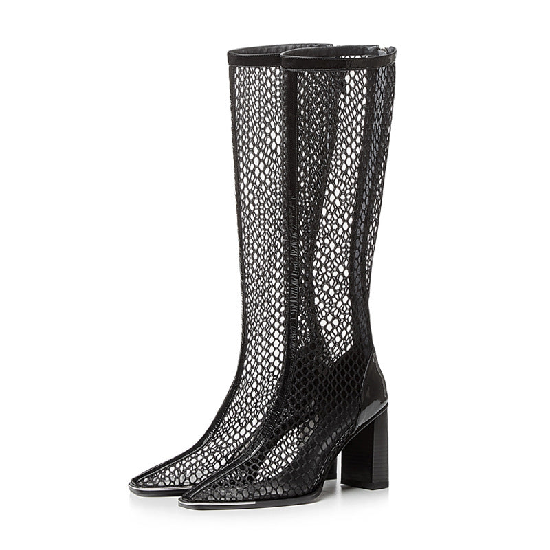 Chunky Heel Boots Mesh Back Zip Black