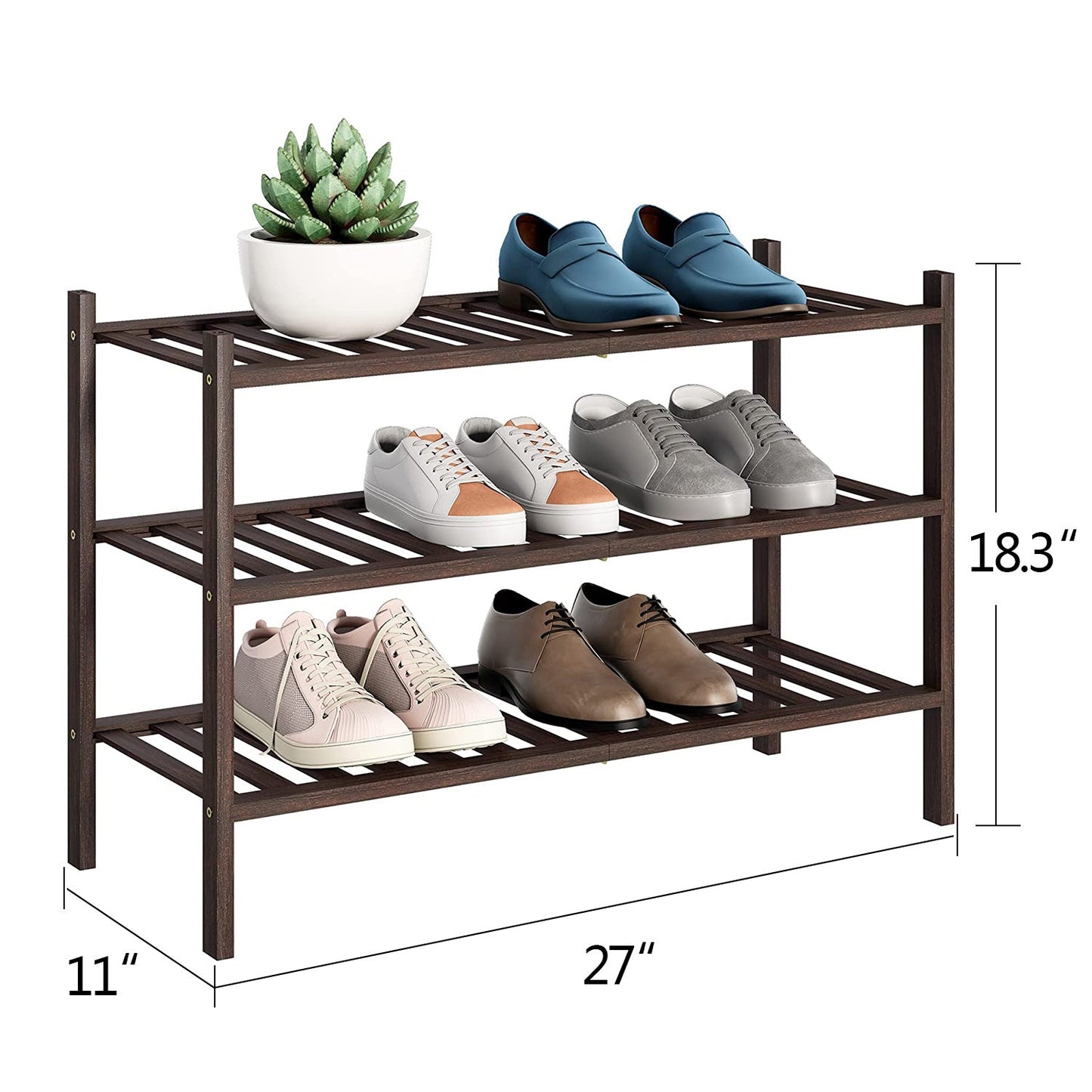 3-Tier Wood Shoe Rack Premium Stackable Shoe Organizer Shelf Storage For Hallway Closet