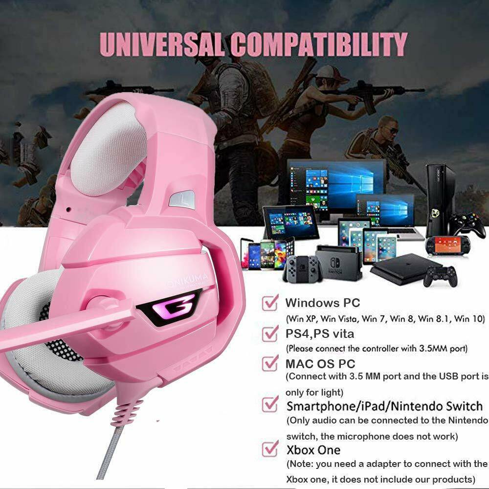 K5 Pink Gaming Headset For PS4 Xbox One PC Laptop With Noise Cancelling Mic