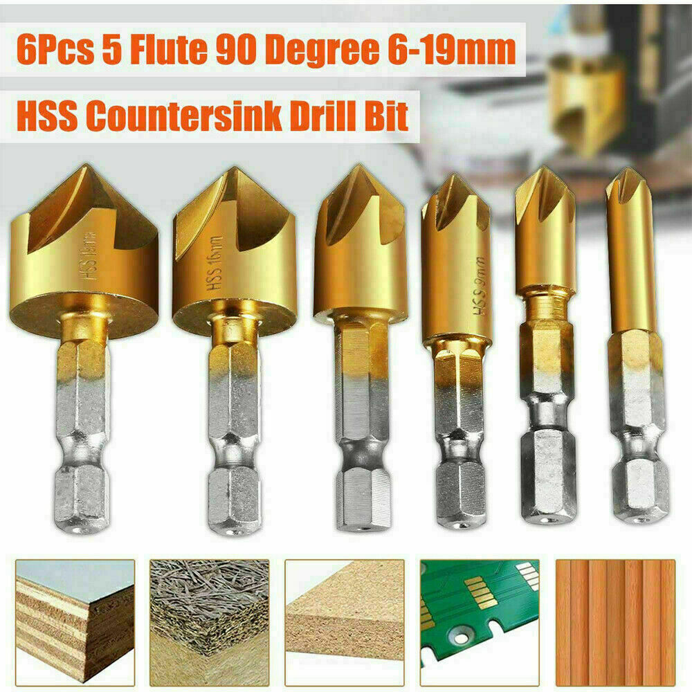 6Pcs Countersink Drill Bit Set 1 4 Hex Shank HSS Woodworking Pilot Screw Holes