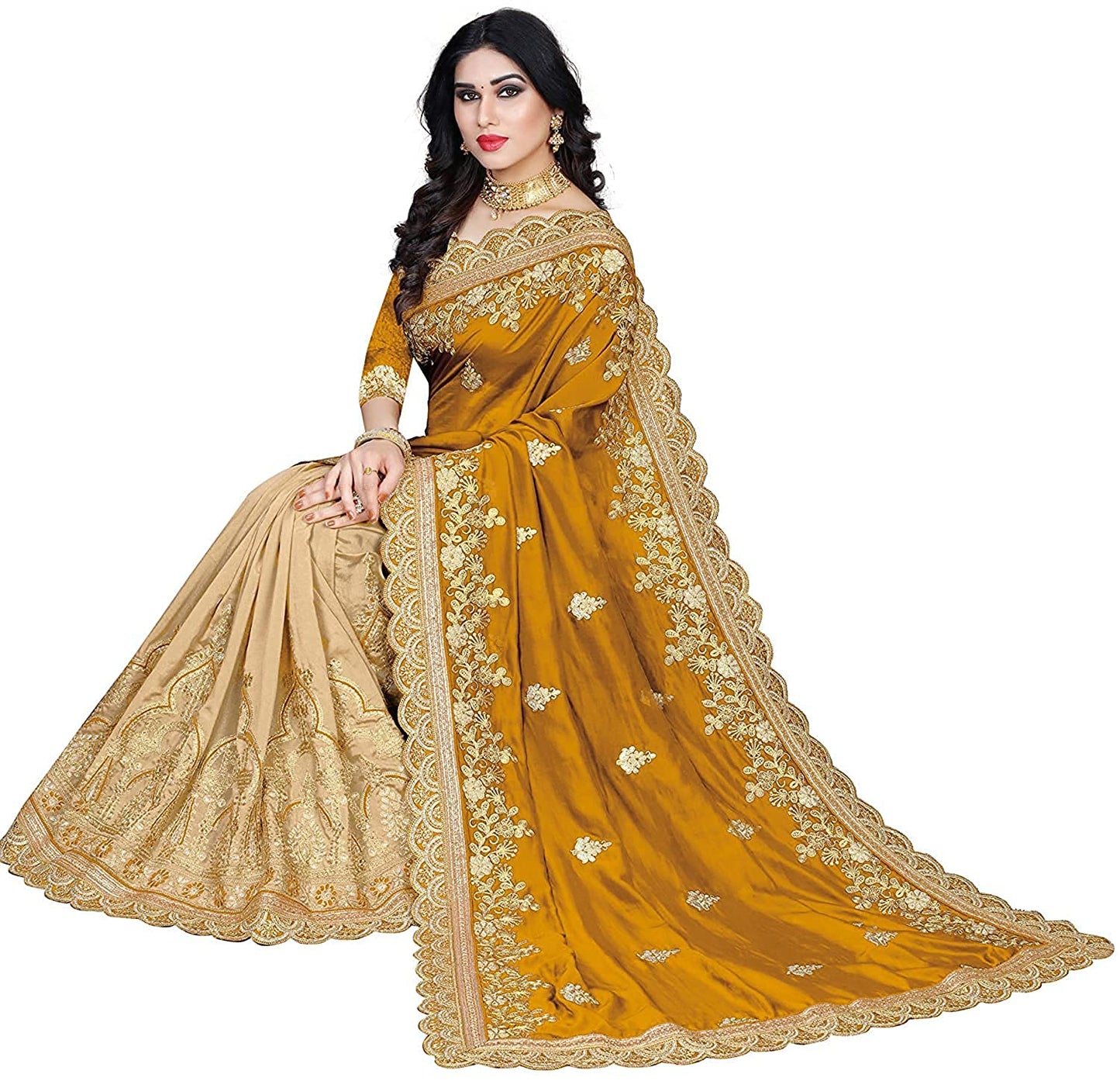 Women's Plain Weave Silk Embroidery Work Saree With Blouse Piece Indian Sari Traditional Saree Wedding Dress Handmade Famous Actress Style Party Wear Free Size Ethenic Wear Clothes For Women