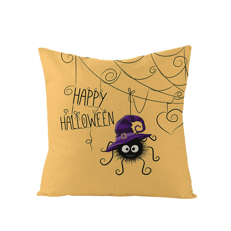 Halloween Linen Cute Cartoon Printed Kitten Pumpkin Head Pillow Cover