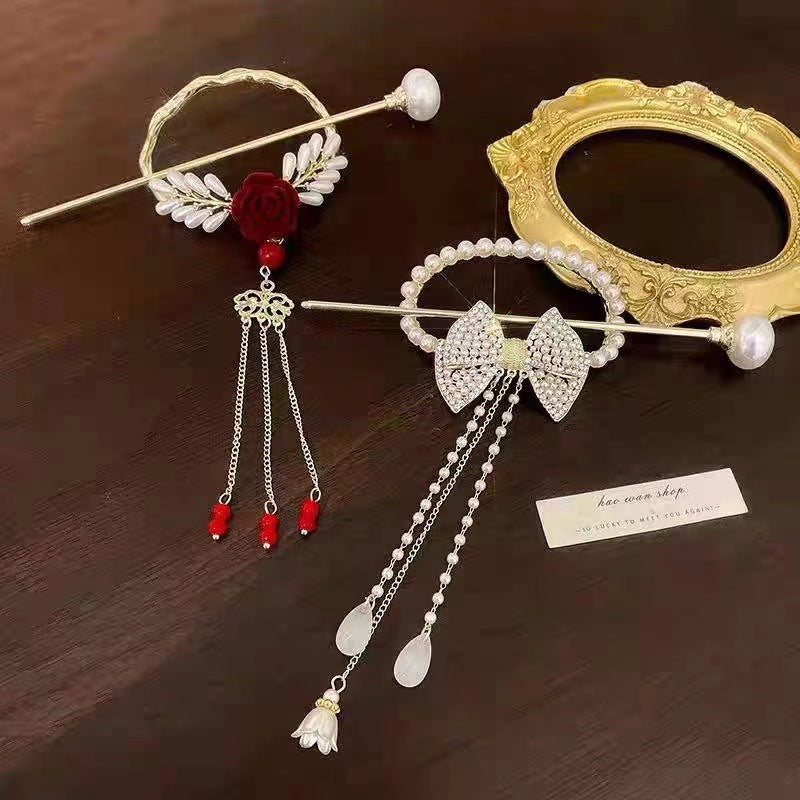 Pearl Rose Hairpin Tassel Ancient