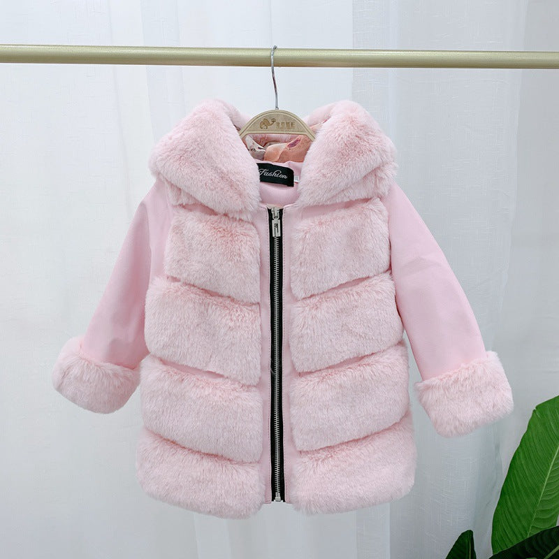 Children's Cotton Coat Rex Rabbit Hooded Faux Fur Coat