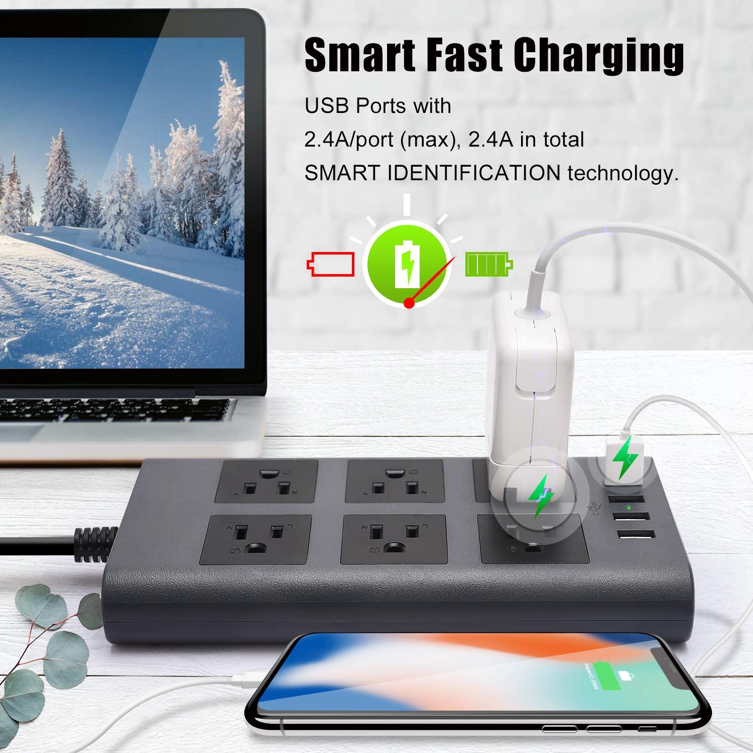 10ft 14AWG 15A 2.4A USB Power Strip Surge Protector Extension Cord Flat Plug 6-Outlet 4-USB Fast Charging Ports