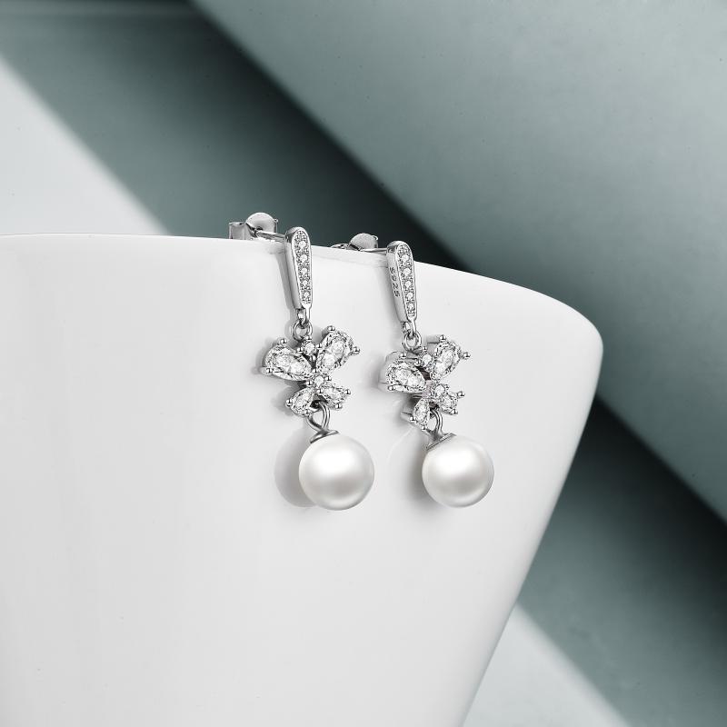 Butterfly Earrings Sterling Silver Cubic Zirconia Dangle Drop Earrings with Pearl Jewelry Gifts for Women