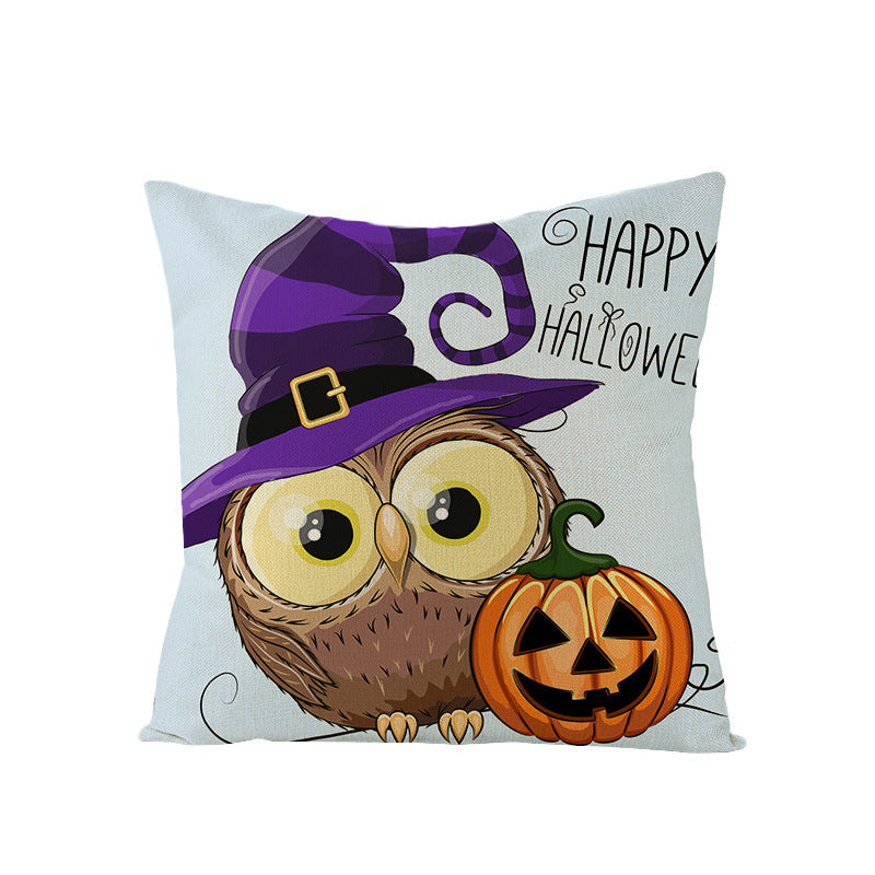 Halloween Linen Cute Cartoon Printed Kitten Pumpkin Head Pillow Cover